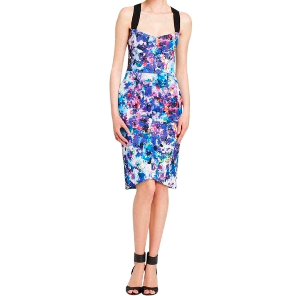 Black Halo Floral Criss Cross Back Sheath Midi‎ Dress Blue Purple Pink Size 2